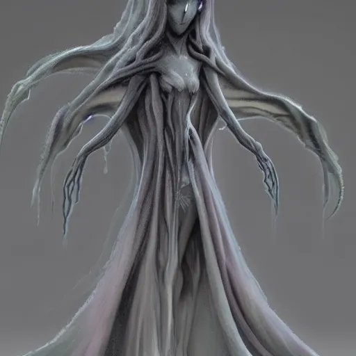 Image similar to concept designs for an ethereal ghostly wraith like figure with a squid like parasite latched onto its head and long tentacle arms that flow lazily but gracefully at its sides like a cloak while it floats around a frozen rocky tundra in the snow searching for lost souls and that hides amongst the shadows in the trees, this character has hydrokinesis and electrokinesis for the resident evil village video game franchise with inspiration from the franchise Bloodborne as a muppet from sesame street, photo realistic, photography, sesame street, bloodborne, resident evil