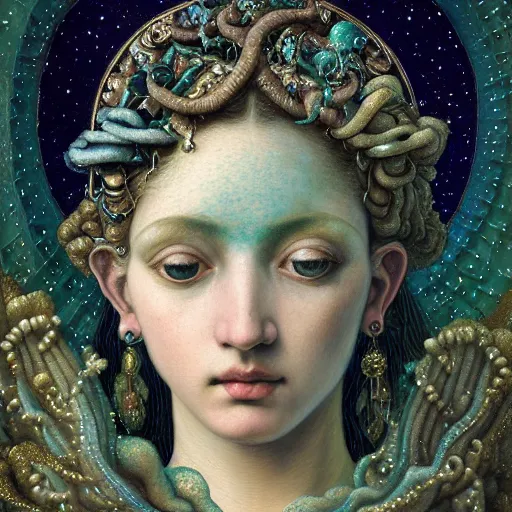 Prompt: baroque neoclassicist closeup renaissance portrait of moon goddess with stars in her hair, reflective detailed textures, glittering silver ornaments, dark fantasy science fiction painting, diego rivera and jean delville and ruan jia and nicholas roerich and annie swynnerton and sam spratt, dramatic lighting, soft muted blue green color palette, floral tattoos, artstation