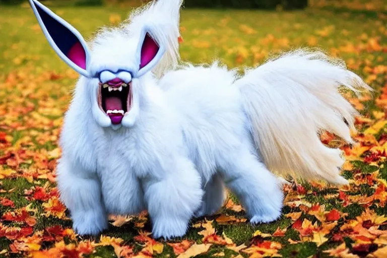 Image similar to real life absol pokemon, cute!!!, heroic!!!, adorable!!!, playful!!!, fluffly!!!, happy!!!, cheeky!!!, mischievous!!!, ultra realistic!!!, autumn, clear weather, ( golden hour ), sharp focus