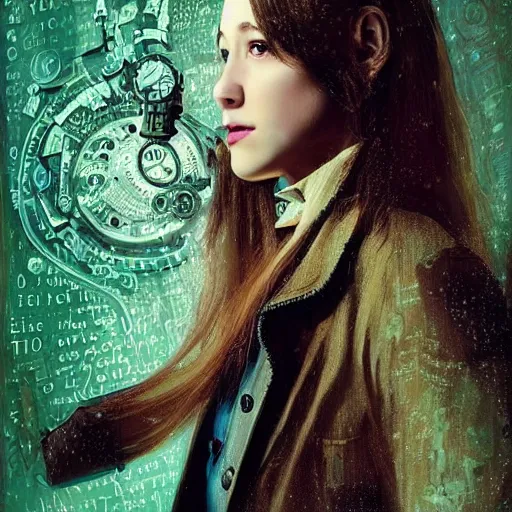 Image similar to portrait of a young female as sherlock Holmes with straight hair has an epic idea, intricate detail, digital painting, gears, watches, steampunk, glowing eye, biomechanical, trash polka, raining, faded green, particles floating, industrial background by marc simonetti + wlop, artwork by ross tran + ramond swanland + liam wong +mike winklemann + wlop