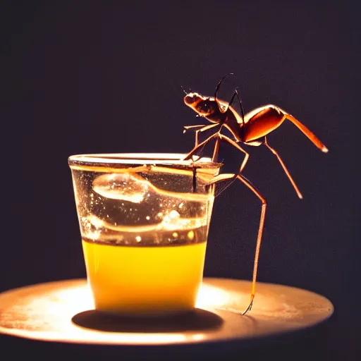 Image similar to Macro shot of an ant overlooking a cup of juice, photography, cinematic lighting