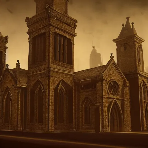 Image similar to victorian church in the middle of the city, dark, misty, at night, 8 k, detailed, concept art, trending on artstation