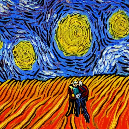 Image similar to A person meeting another person above a van Gogh style field while both person are surrounded by a colourfull wind around their chests, dream, 40nm lens, shallow depth of field, split lighting, 4k,