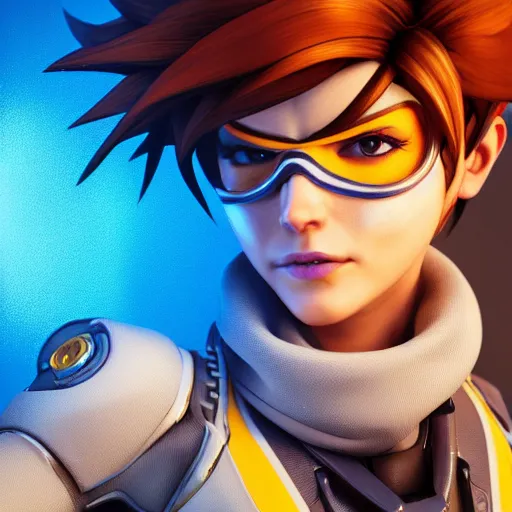 Prompt: tracer from overwatch portrait, close up, blender 3 d intricate details, highly detailed portrait cinematic lightning, octane render, 8 k hd by michael komarck