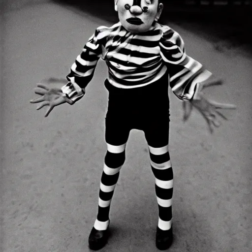 Image similar to portrait of clown by diane arbus, black and white photography