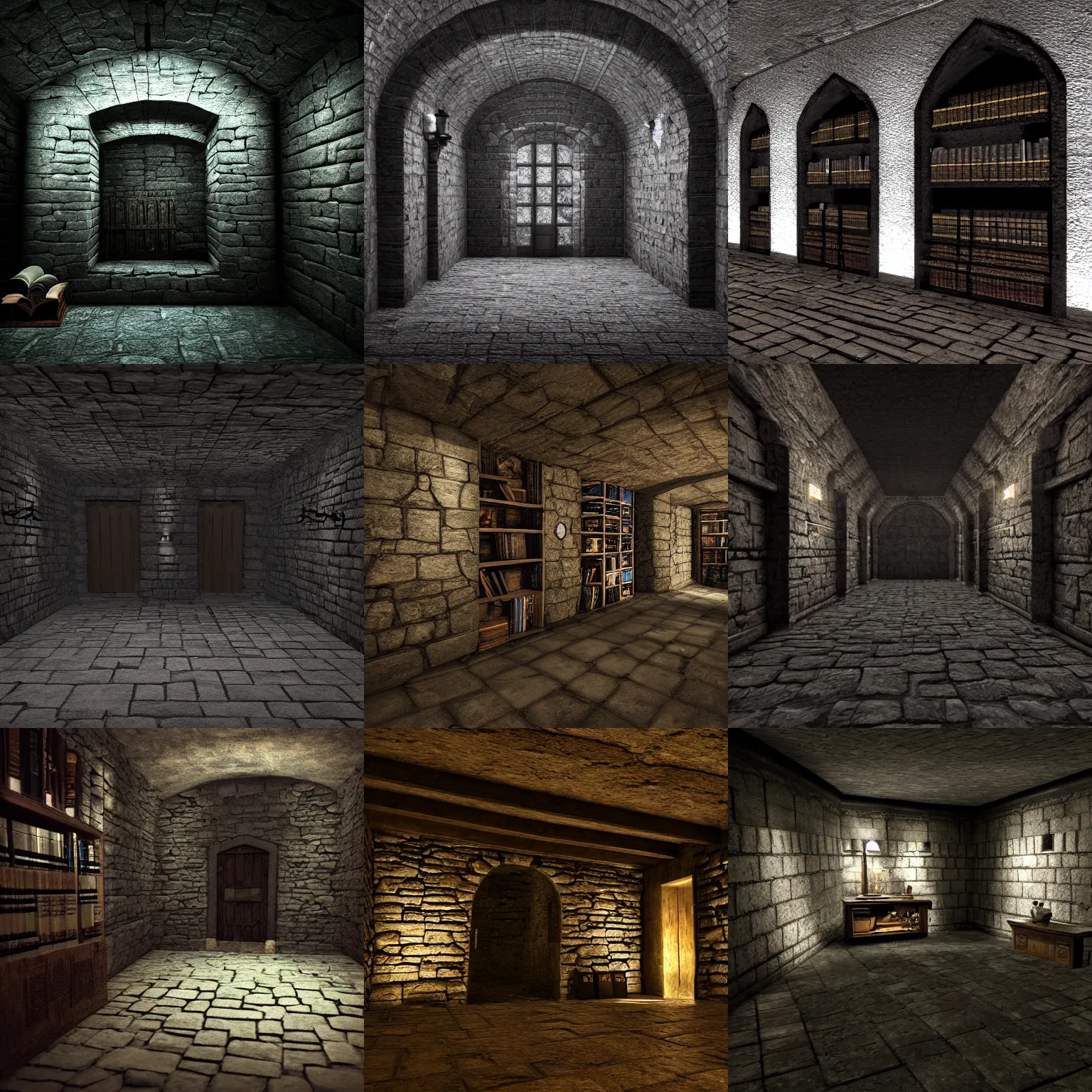 Prompt: dark crypt room with bookshelves, stone walls, gloomy, midnight, shadow, unreal engine, style of dark academia