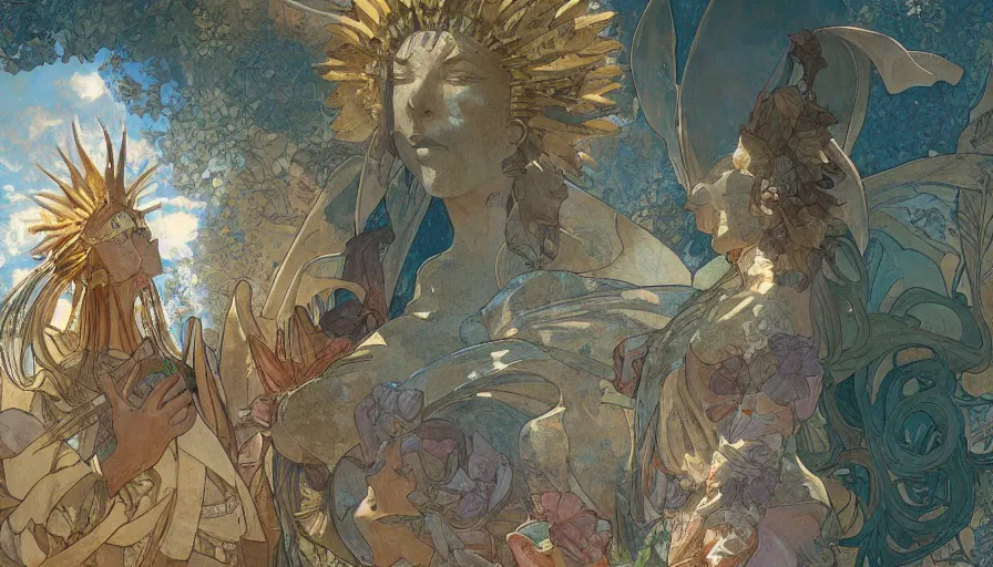 Image similar to craig mullins, studio ghibli, and alphonse mucha illustration of a relief sculpture of the sun on top of a fountain in a garden, flowers, unreal engine, hyper realism, realistic shading, cinematic composition, realistic render, octane render, detailed textures, photorealistic, wide shot