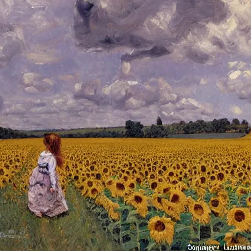 Prompt: a girl in amazing tall sunflower field, her hair flowing down, subtle, intricate details, real masterpiece, oil on canvas, by stanhope forbes, lucian freud