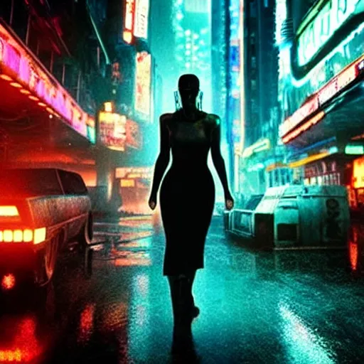 Image similar to jennifer connelly starring in a cyberpunk movie in a distopic futuristic city in the style of bladerunner, movie still, highly detailed, rainy night, volumetric lights, dramatic, scifi, sharp focus