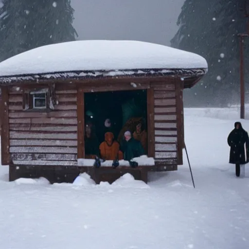 Prompt: a group of people is stuck in a hut while outside there’s a strong snowstorm, cinematic, movie still, film, movie, 35mm, award winning photography