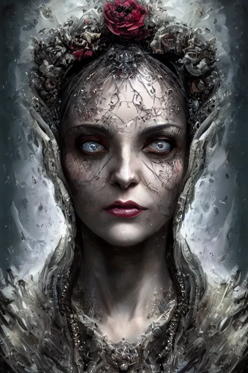 Image similar to single face portrait. very complex hyper-maximalist overdetailed cinematic darkfantasy portrait of an elegant very attractive but dangerous and wild female ent lady by andrei riabovitchev, tomasz alen kopera, oleksandra shchaslyva. Omnious intricate. Focus on face. Artstation. Deviantart. 8k 4k 64megapixel. Rendered by binx.ly. discodiffusion style portrait.