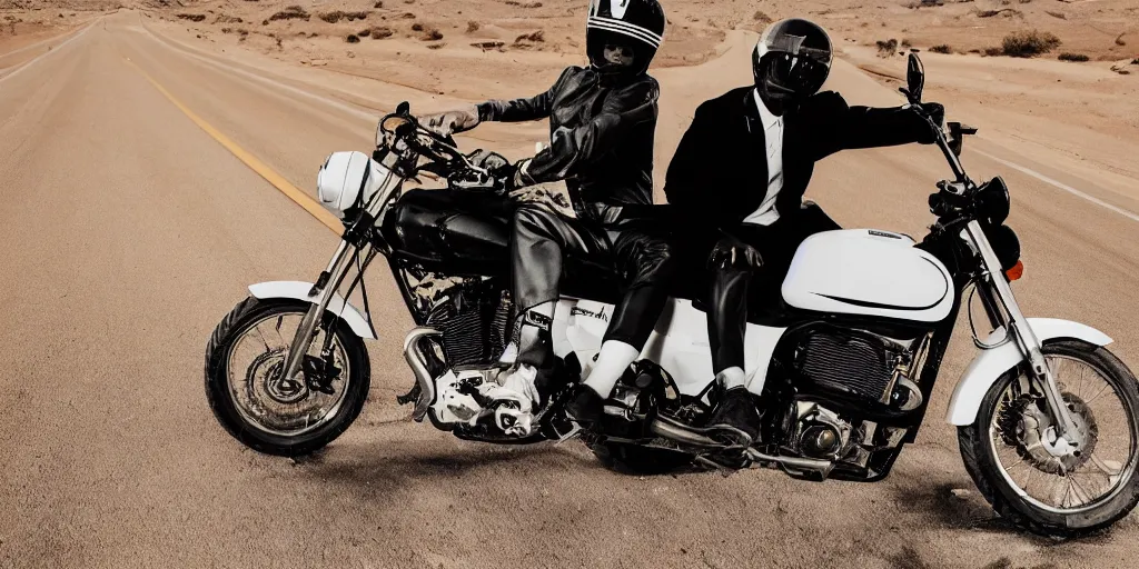 Prompt: Frank ocean wearing a black and white suit, riding a motorcycle in the desert on a road