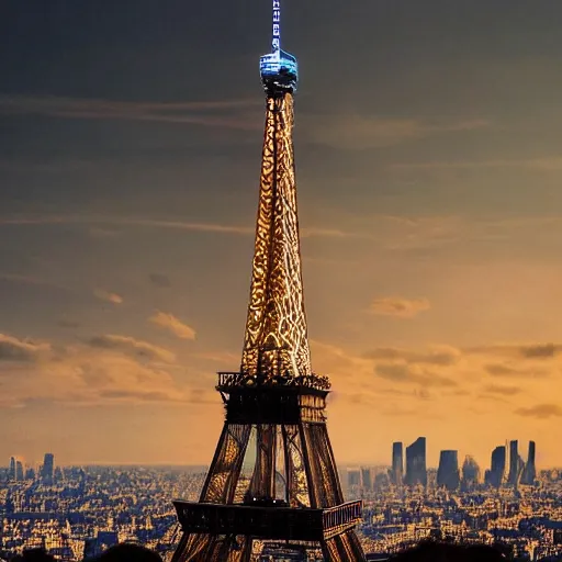 Prompt: A beautiful intricate 8K award-winning cinematic movie photograph of the future Eiffel Tower completely hidden by signs of corporate logos in the year 2043, by Bruno Delbonnel