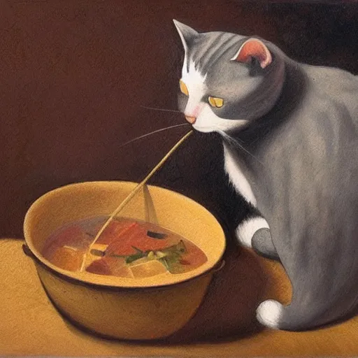 Prompt: the cat cooks soup, stirring a pot with a ladle, oil painting, drawn by Leonardo Da Vinci, trending in Artstation, artstationHD, 4k