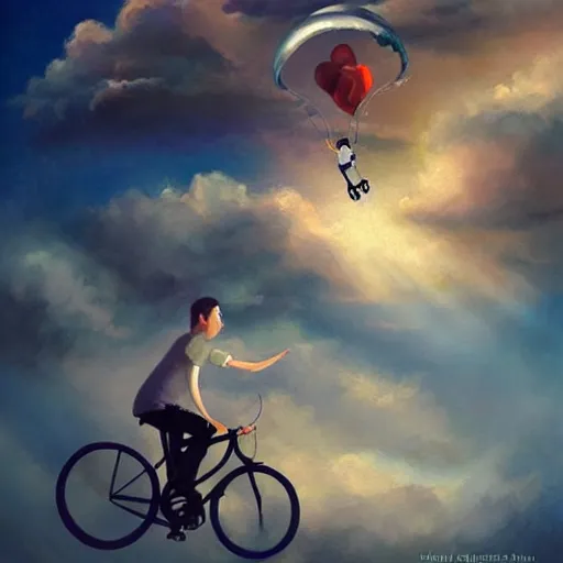 Image similar to A whimsical painting of a happy man flying in the sky on his bicycle in the clouds, digital art by Ross Tran