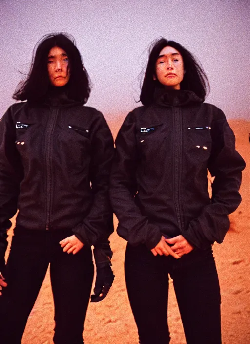 Image similar to cinestill 5 0 d photographic portrait of two loving clones, women wearing rugged black techwear on a desolate plain with a red sky, extreme closeup, diverse species, cyberpunk, in front of a brutalist dark metal facility, dust storm, 3 5 mm, 8 k, f / 3 2, high resolution, ultra realistic faces, beautiful faces