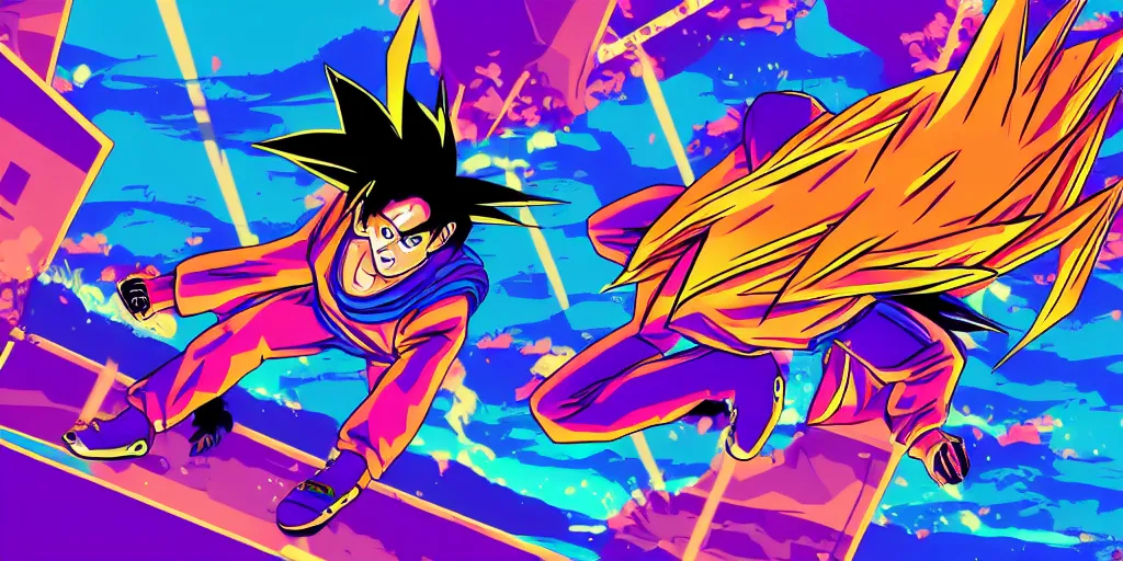 Image similar to vaporwave, vector graphics, synthwave, neon, son goku snowboarding