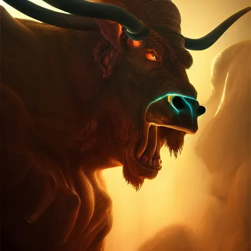 Prompt: Menacing minotaur portrait, atmospheric lighting, painted, intricate, volumetric lighting, beautiful, rich deep colors masterpiece, golden hour, sharp focus, ultra detailed, by Leesha Hannigan, Ross Tran, Thierry Doizon, Kai Carpenter, Ignacio Fernández Ríos