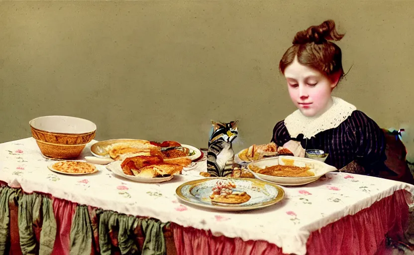 Image similar to a girl has breakfast with her cat at the table filled with food, flowery wallpaper, 1 8 8 0 s style, professional photography, color
