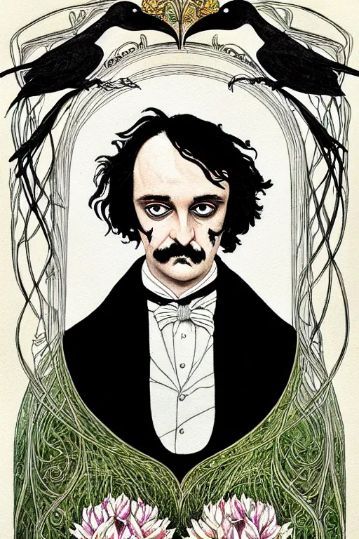 Prompt: realistic portrait of edgar allen poe in the center of an ornate white lily flower frame with ravens, detailed art by kay nielsen and walter crane, illustration style, watercolor