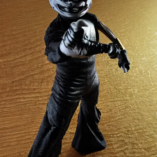 Prompt: Photo of an Evil moon-face action figure, japanese action figure, horror, gold and black color scheme