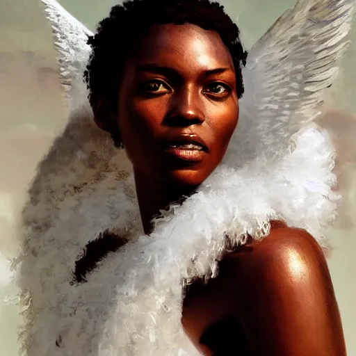 Prompt: Portrait of a Afro caribbean with angel wings, and a glowing halo, white lighting, digital art by Ruan Jia and Mandy Jurgens and Artgerm, highly detailed, trending on artstation, award winning,