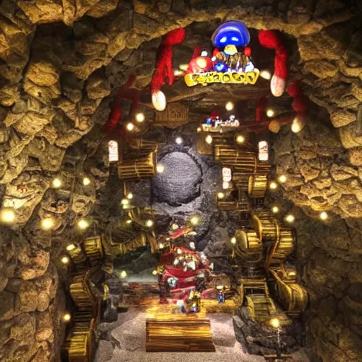 Prompt: Donkey Kong in a beautiful mine, with crystals on the walls.