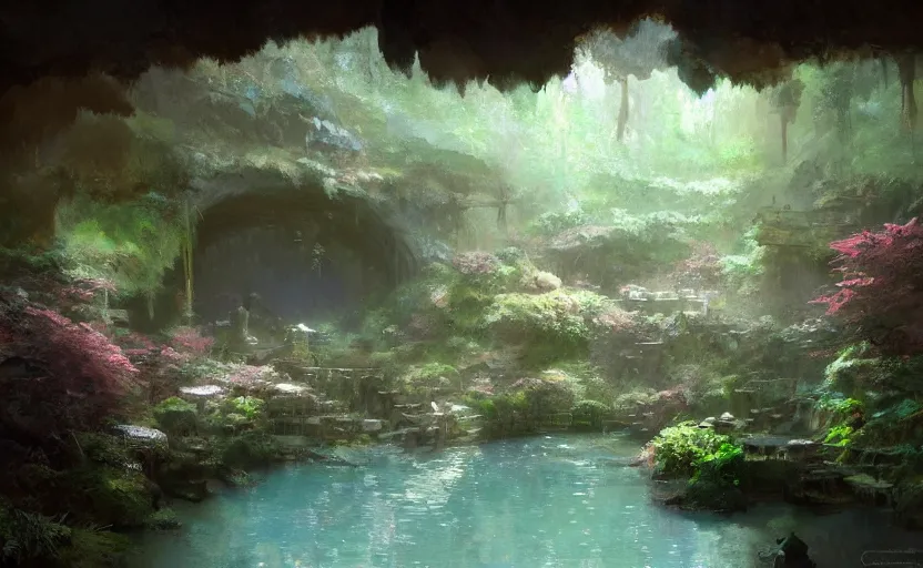 Prompt: painting of an interior of a hidden japanese hotspring in a small cave, fantasy, lush plants and flowers, natural light, concept art, by craig mullins, cozy atmospheric and cinematic lighting, trending on artstation