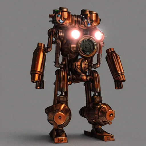 Prompt: a steampunk mech - suit designed to shoot down other mech - suits, 3 d render, unity, steam, pipes, guns, copper, metal, slightly rusty, plain background, finely detailed, epic, intense, sparks, cinematic lighting,