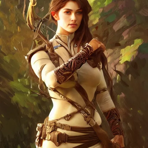 Image similar to portrait of a beautiful female ranger, upper body, D&D, fantasy, intricate, elegant, highly detailed, digital painting, artstation, concept art, smooth, sharp focus, illustration, art by artgerm and greg rutkowski and alphonse mucha