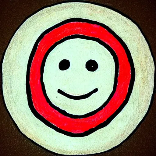 Prompt: primitive drawing of smiling circle face with red eyes thumb up. Сhild drawing picture