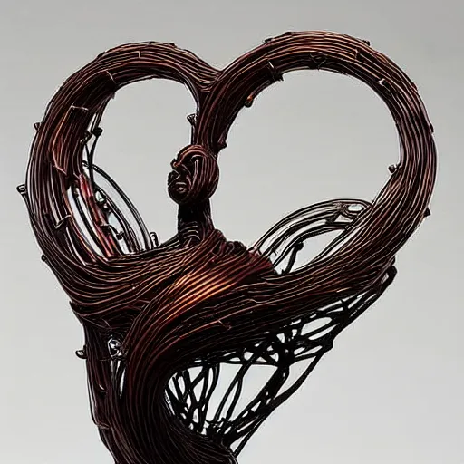 Image similar to a very beautiful tiny ( ( ( ( human heart ) ) ) )!!!!!!!!!!!!!!!!!!!!!!!!! organic sculpture made of copper wire and threaded pipes, very intricate, curved. studio lighting, high resolution, high quality, black background