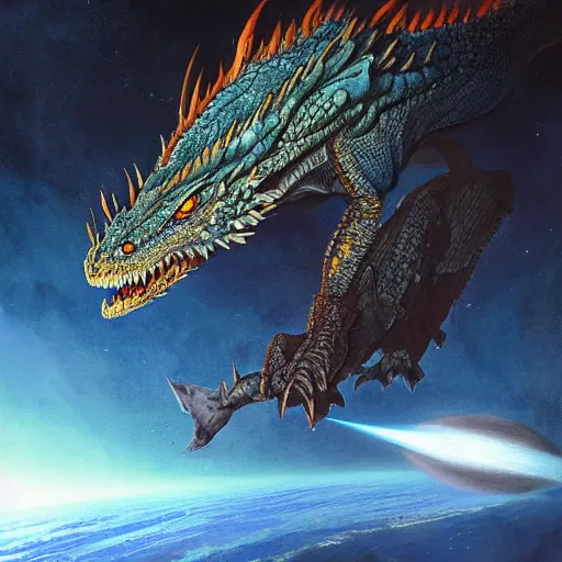 Prompt: Gigantic blue scaled dragon devouring an earth like planet while flying in space, sun system, behemoth, lizard, crocodile, oil painting, by Greg Rutkowski