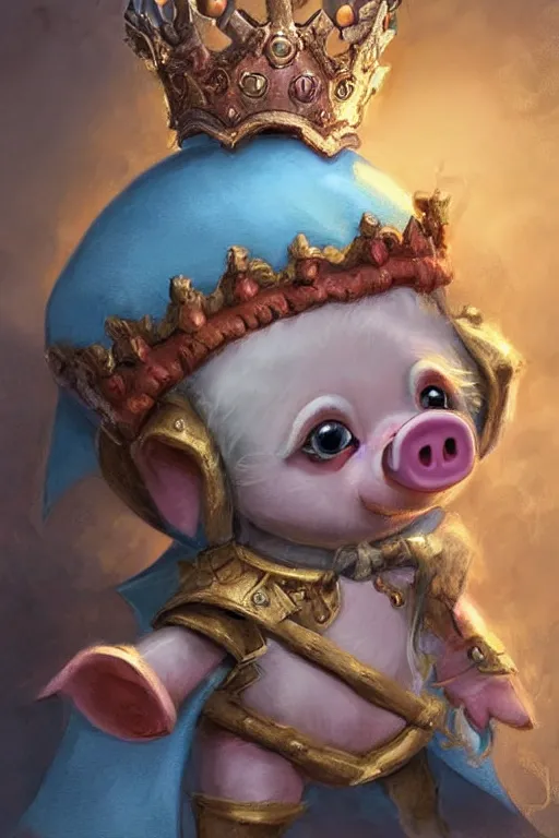 Image similar to cute little cartoonish anthropomorphic piglet knight princess wearing a cape and a crown, caricature, tiny, small, miniature pig, baby animal, short, pale blue armor, cute and adorable, pretty, beautiful, DnD character art portrait, matte fantasy painting, DeviantArt Artstation, by Jason Felix by Steve Argyle by Tyler Jacobson by Peter Mohrbacher, cinematic lighting