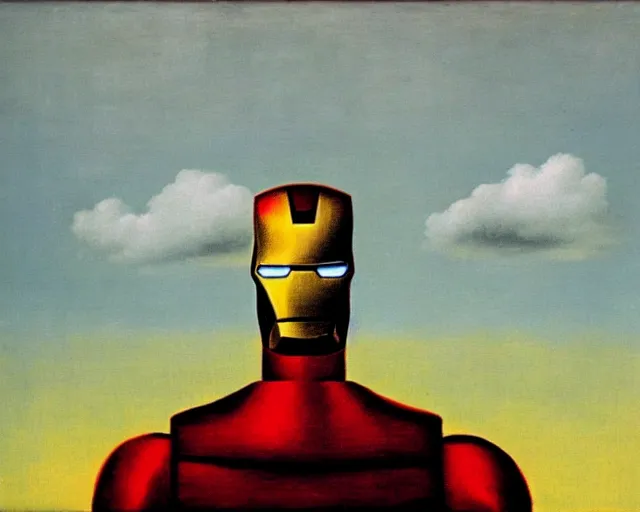 Image similar to a Magritte painting of Iron Man (2008)