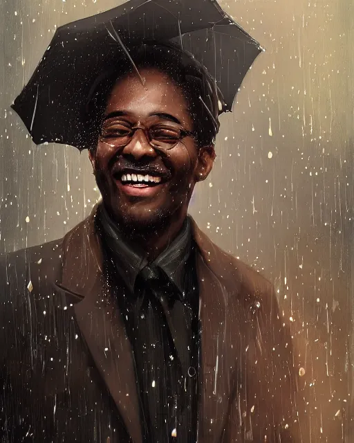 Image similar to a highly detailed portrait of black man smiling in the rain in a back tuxedo, intricate, digital painting, old english, raining, sepia, particles floating, whimsical background by marc simonetti, artwork by liam wong