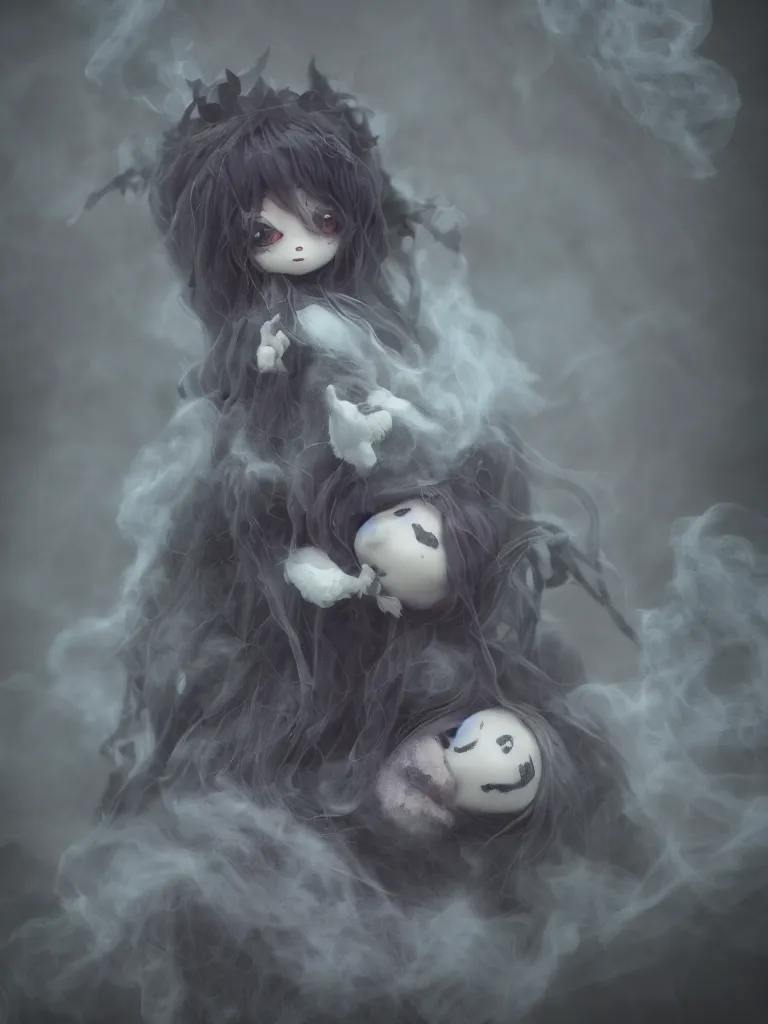 Image similar to cute fumo plush of a cursed frail witch girl held tight in the arms of a ghost, hugging, maternal, melting volumetric smoke and fog, environment map pbr reflective stormy water, goth, vignette, vray