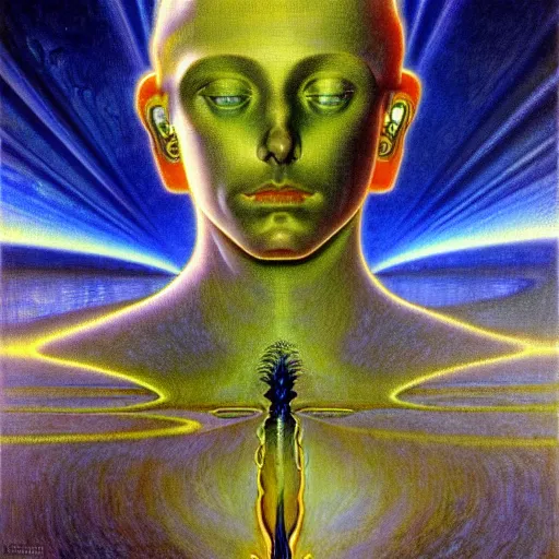 Image similar to realistic extremely detailed portrait painting of a glowing male silhouette, futuristic sci-fi landscape on background by Jean Delville, Amano, Yves Tanguy, Alphonse Mucha, Ernst Haeckel, Edward Robert Hughes, Roger Dean, rich moody colours, blue eyes