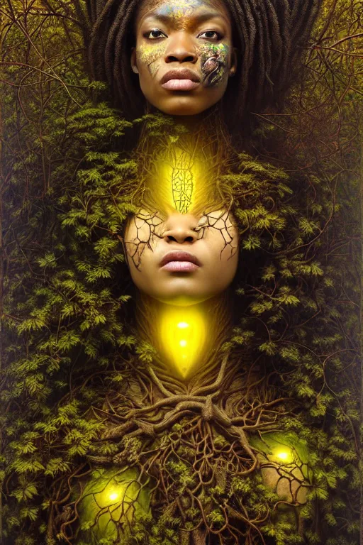 Prompt: hyperrealistic neo-baroque super expressive! black woman with detailed exoskeleton armor, merging with tree in a forest, digital painting masterpiece brad kunkle hannah yata dramatic iridescent yellow light low angle hd 8k sharp focus