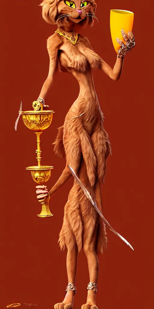 Image similar to fullbody!! personification of garfield the cat garfield goddess holding a blood chalice, detailed, stunning, garfield cat face, hyperrealistic, trending on artstation, smooth and sharp, intricate, highly detailed, elegant, professional character concept art by tatyana kupriyanova