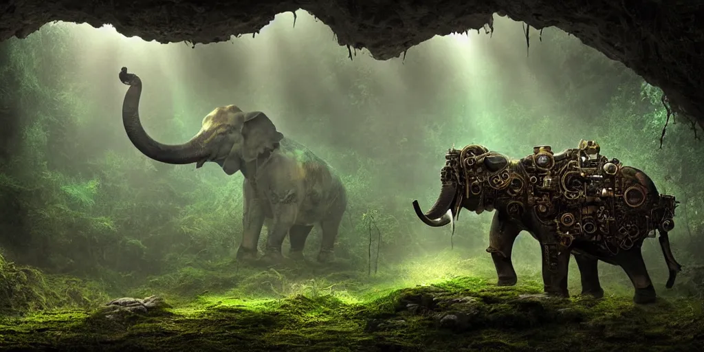 Prompt: magnificent mechanical steampunk elephant looking eerily into a cave entrance with lush vegetation and mystical (((glowing algae))) in the sunset, desaturated, creepy ambiance, dangerous, sharp focus, highly detailed, artgerm