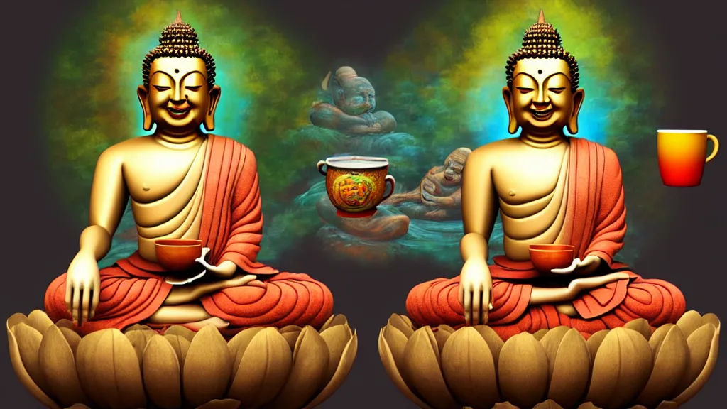 Prompt: a hyperdetailed painting of a happy buddha sitting on a lotus in deep meditation, one hand on his knee and the other hand holding a comically large cup of coffee, ambient occlusion, 3 d model, quantum fractals, magic realism, trending on artstation,