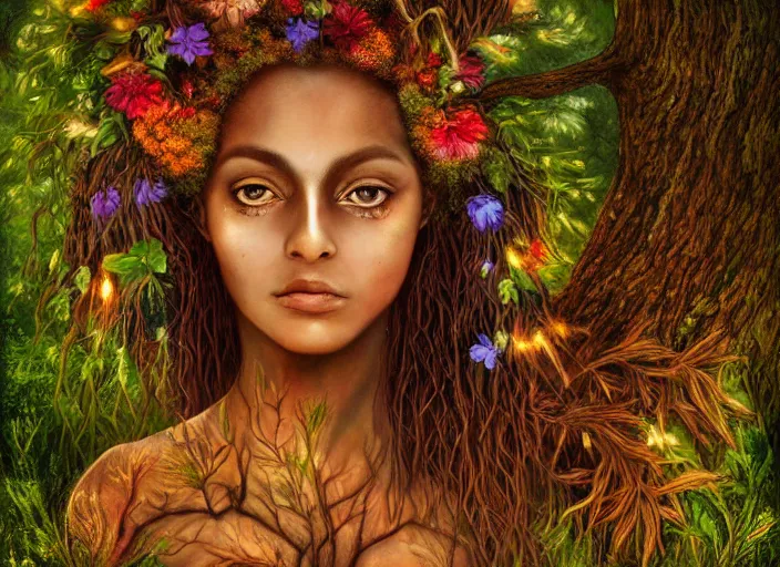 Prompt: a magical forest dryad, brown skin like soil, bright glowing ember eyes like fire, dressed in a green robe, colorful flowers growing from her head, branches growing as hair, golden sunlight, queen of the forest, extremely detailed, masterpiece, award-winning, mythological, mossy, grass, oil on canvas, soft colors, wide shot, very low angle photograph, simon stålenhag, intricate, elegant, highly detailed, centered, digital painting, artstation, concept art, smooth, sharp focus, illustration, art by artgerm and donato giancola and Joseph Christian Leyendecker, Ross Tran, WLOP