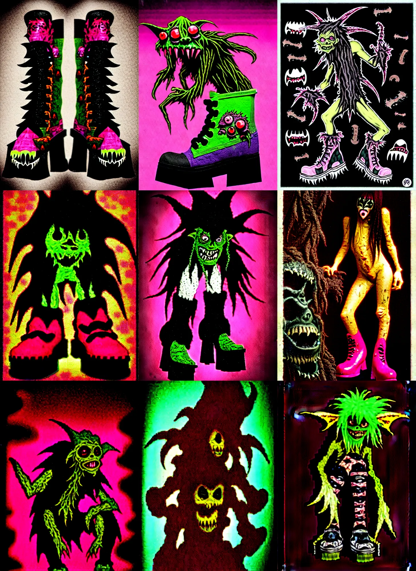 Prompt: photo of lace monster goblin in the style of 1990s cg graphics by y2K aesthetic wearing ripped up dirty Swear kiss monster teeth yeti platform boots in the style of Ryan Trecartin in the style of 1990's FRUiTS magazine 20471120 in japan in a dirty dark dark dark poorly lit bedroom full of trash and garbage server racks and cables everywhere in the style of Juergen Teller in the style of Shoichi Aoki,