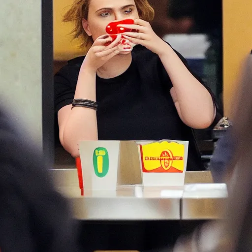 Image similar to fat scarlett johansson sitting in mcdonalds eating a burger, fans cheering