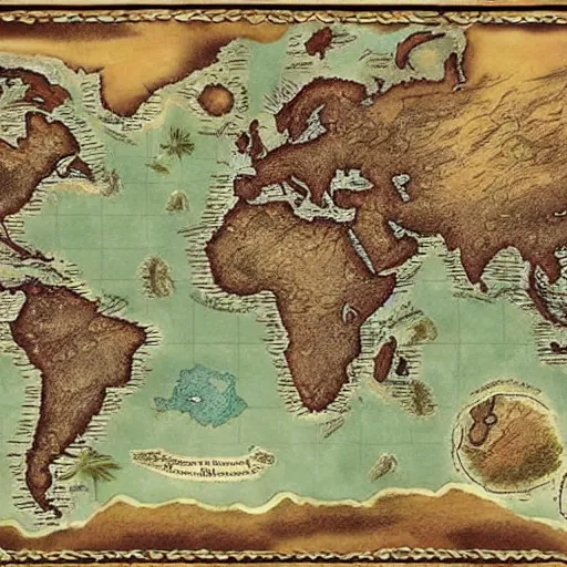 Prompt: fantasy map of another world, highly detailed, many continents, oceans.