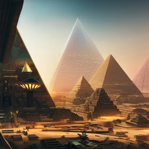 Prompt: a scene of a beautiful intricate epic futuristic pharaoh city with a cyber pyramid, a neo sphynx and hovering chariots taken from a distance, minimalist, cinematic lighting