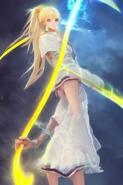 Image similar to anime teen girl with long yellow ponytail wearing white long jacket while holding a lightning scythe with her hands, wlop, concept art, digital painting, trending on artstation, highly detailed, epic composition, 8 k uhd