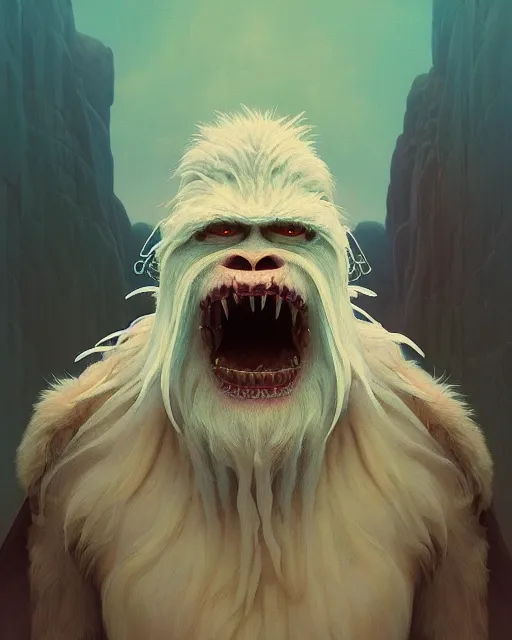 Image similar to highly detailed surreal vfx portrait of a wicked yeti, stephen bliss, unreal engine, greg rutkowski, loish, rhads, beeple, makoto shinkai and lois van baarle, ilya kuvshinov, rossdraws, tom bagshaw, alphonse mucha, global illumination, detailed and intricate environment