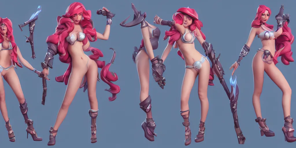 Image similar to Character sheet of pool party miss fortune (League of Legends). 3d, octane render, trending on artstation